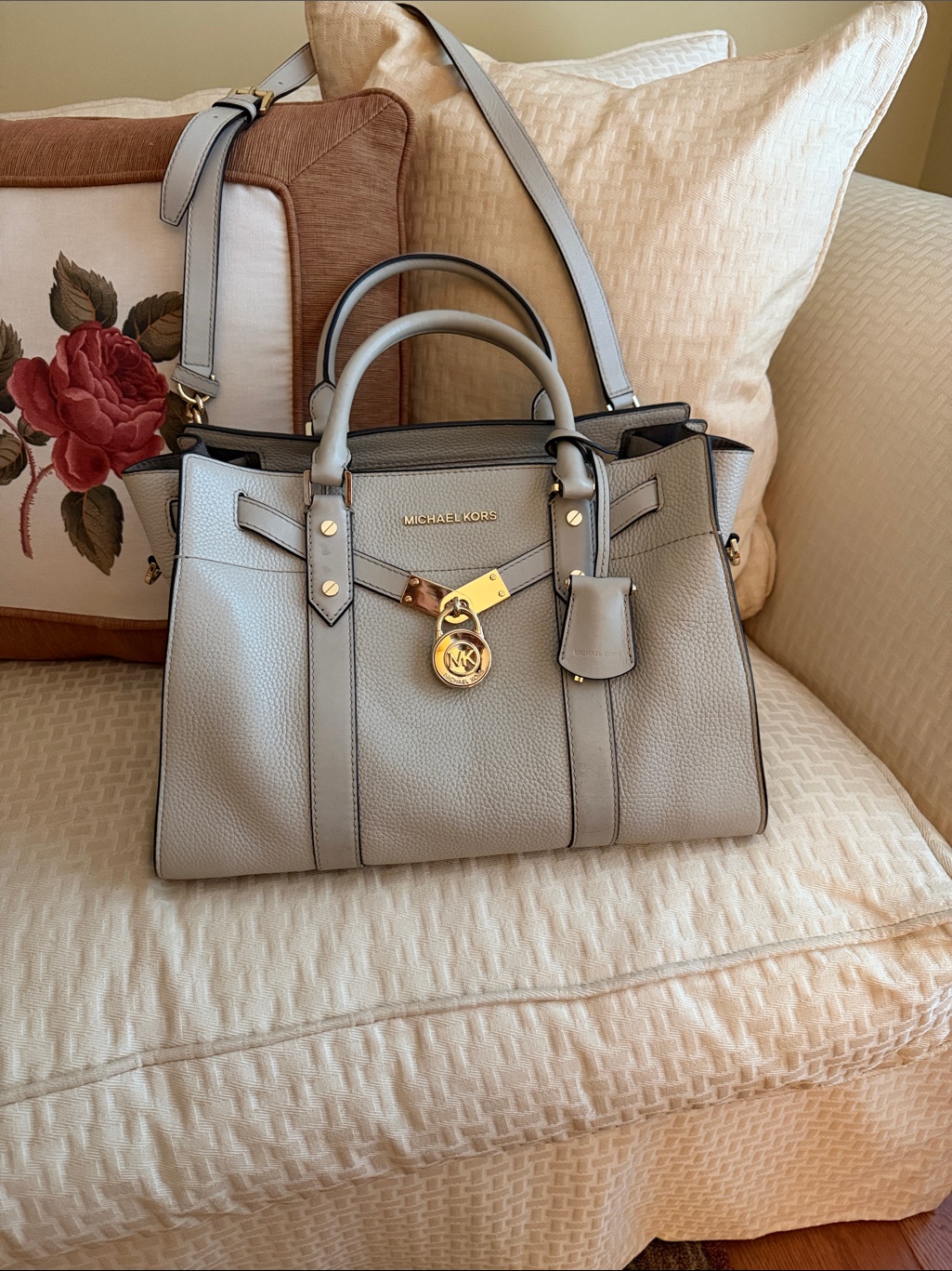 Michael Kors Light Gray Pebbled Leather Satchel With Gold Accent Lock